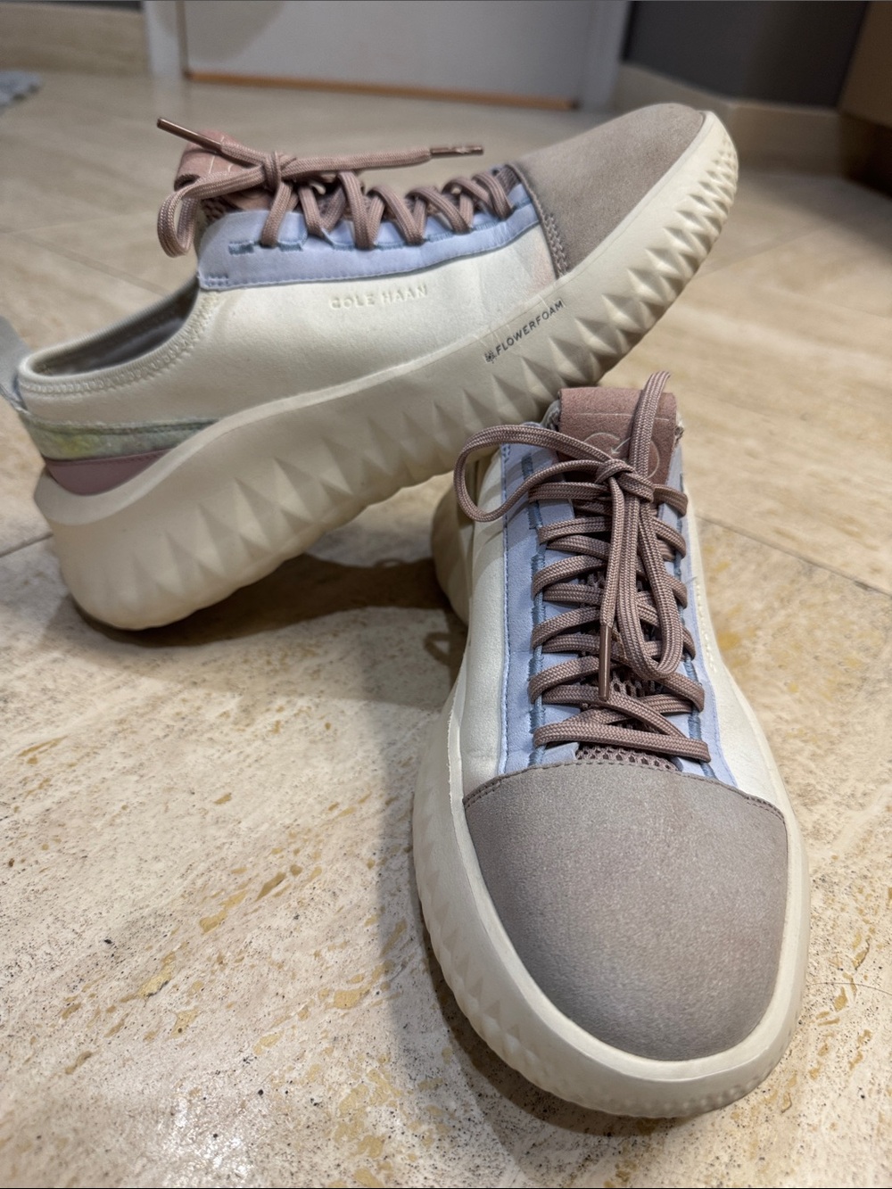 Cole Haan taupe & cream women's platform sneakers with light blue trim